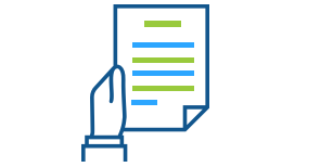 A blue line art illustration of a hand holding an Express Scripts document 