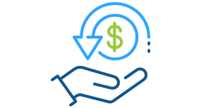 Blue line art illustration of an open hand holding a dollar sign with an arrow around it representing Express Scripts Canada's cost containment programs