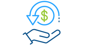 Blue line art illustration of an open hand holding a dollar sign with an arrow around it representing Express Scripts Canada's cost containment programs