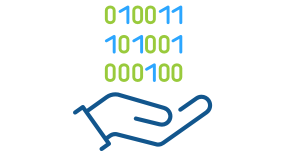 Blue line art illustration of an open hand holding binary code representing Express Scripts Canada's data insights