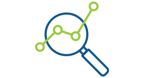 Blue line art illustration of a magnifying glass and a green strand of DNA representing Express Scripts Canada's Industry Research and Updates