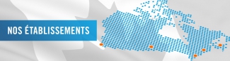 Drapeau du Canada en grisé sur lequel est superposée une carte du Canada dessinée à l’aide de points et montrant où se trouvent les établissements d'Express Scripts Canada.