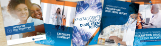 An open and closed copy of Express Scripts Canada's Prescription Drug Trend Reports on a desk